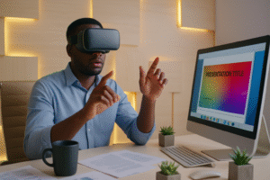 Diverse team collaborating with AI interface