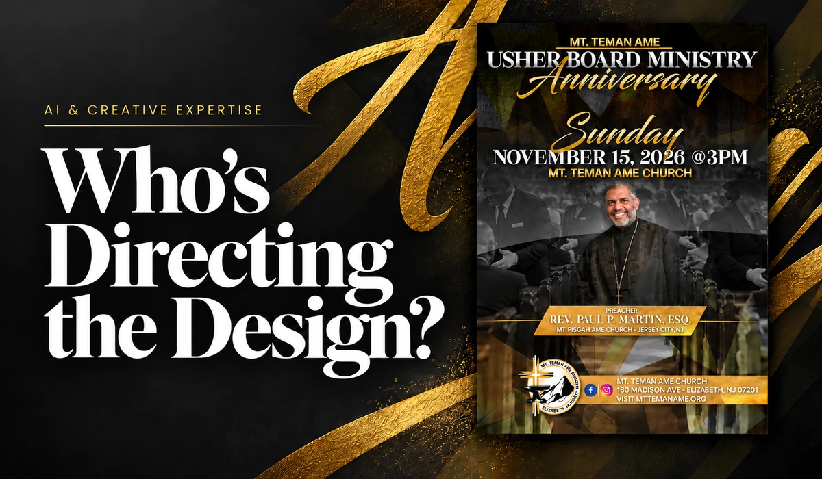 Who’s Directing the Design? Editorial image with gold lettering and Mt. Teman’s anniversary artwork.