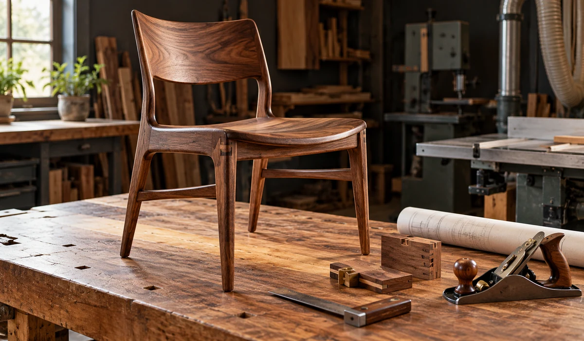 A finely crafted wooden chair on a workshop bench beside precision tools, joinery samples, and a furniture drawing.