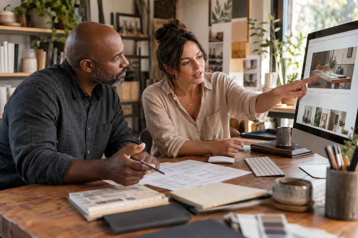 A business owner and a digital professional review a website together, with a paper workflow sketch on the desk.