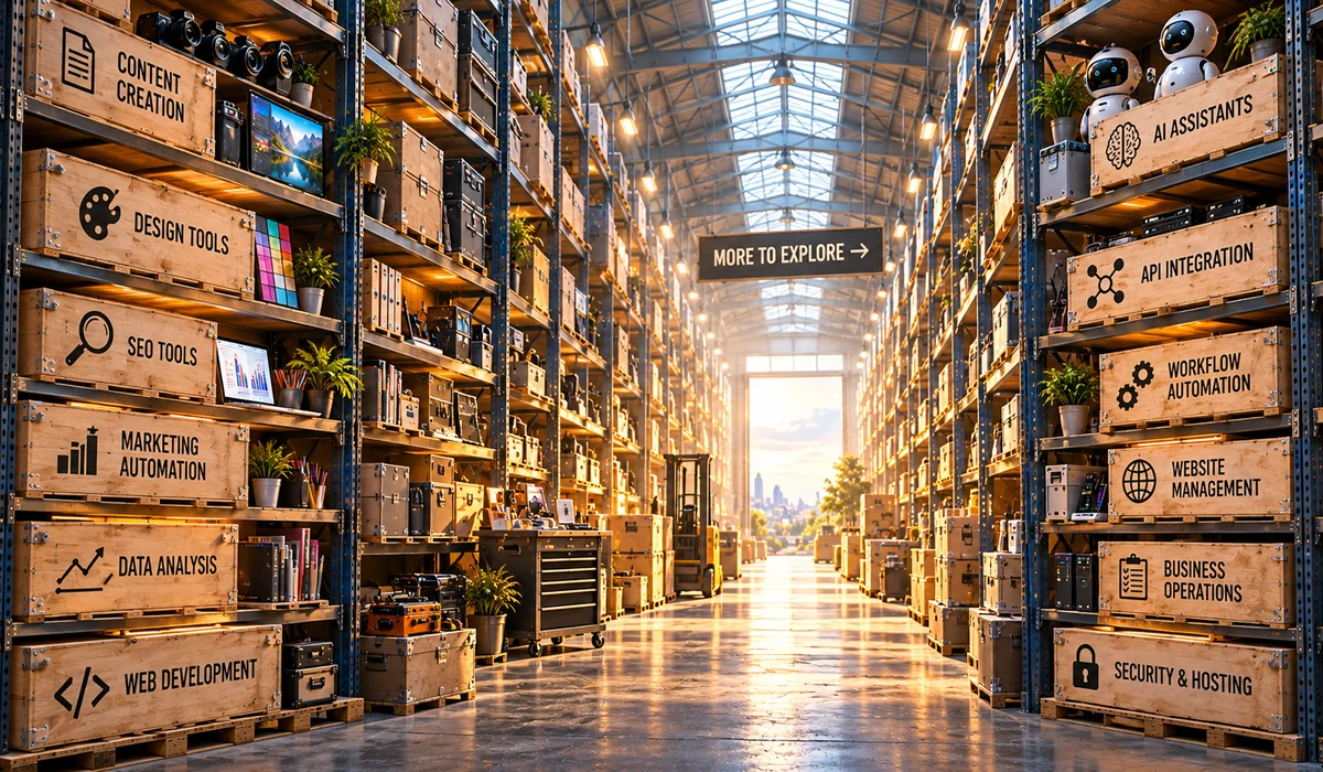 A vast warehouse filled with AI tools and business technology, representing opportunities for workflow optimization and automation.