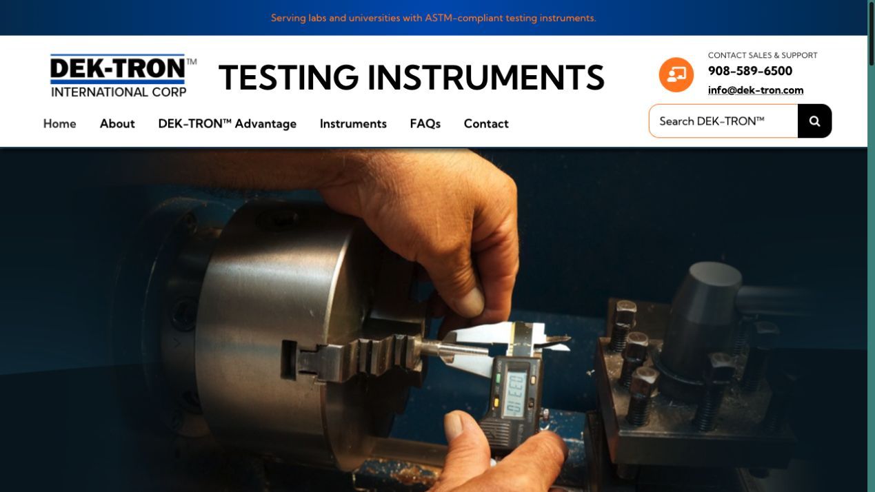 DEK-TRON homepage showing the redesigned testing instruments website.
