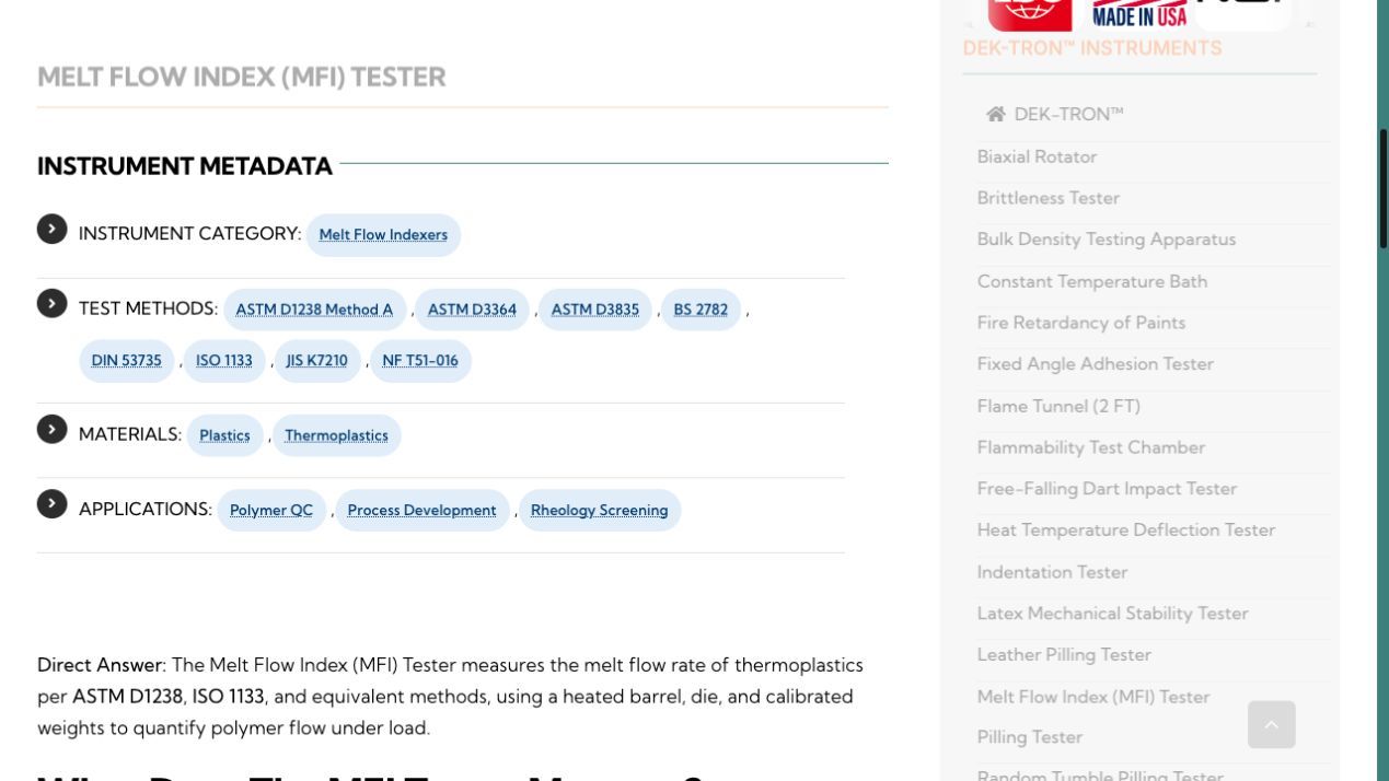 Redesigned Melt Flow Index Tester page linking testing methods, materials, and applications.