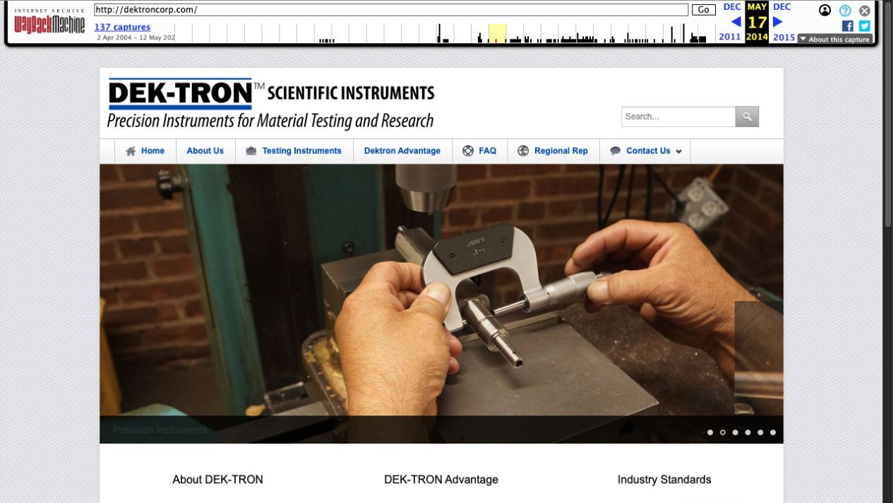 DEK-TRON homepage with its original scientific instruments design, archived May 17, 2014.