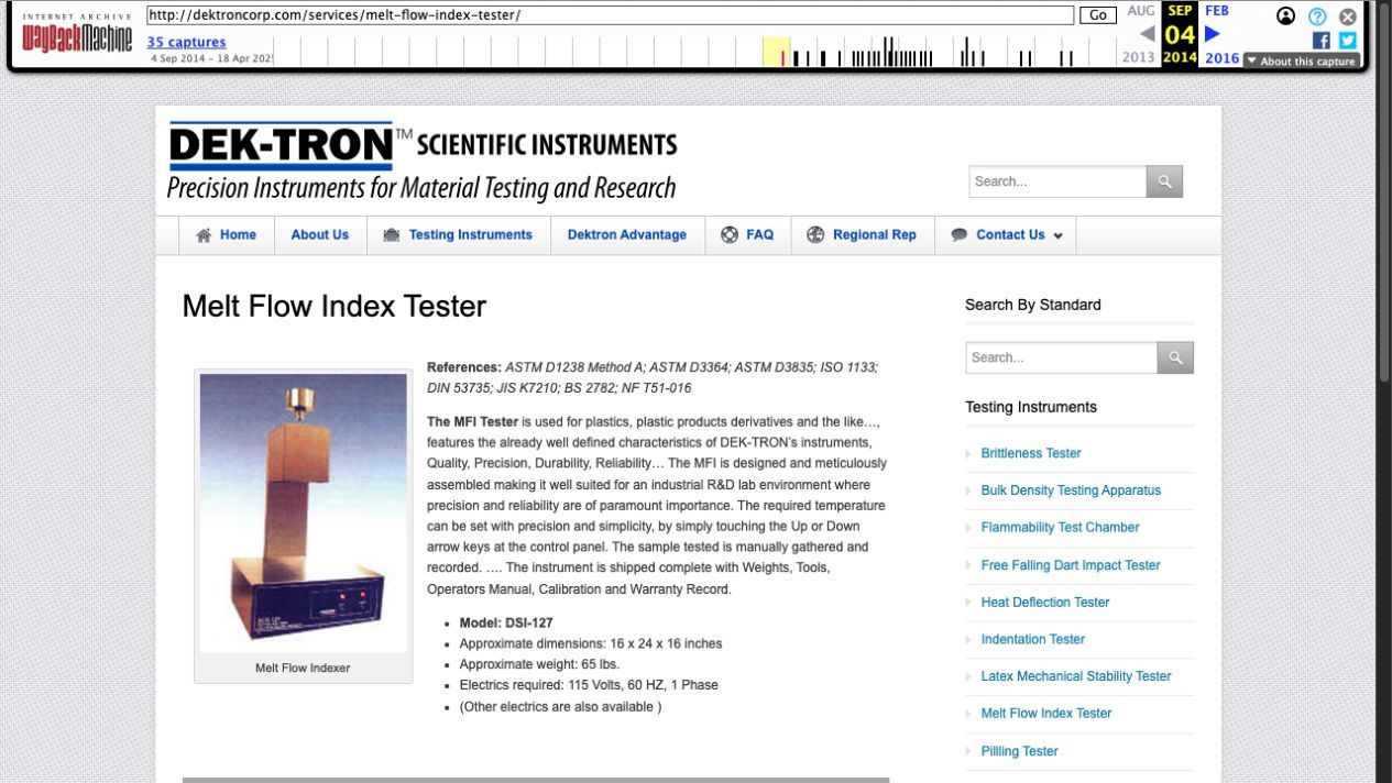 Archived DEK-TRON Melt Flow Index Tester page with product specifications and testing standards.