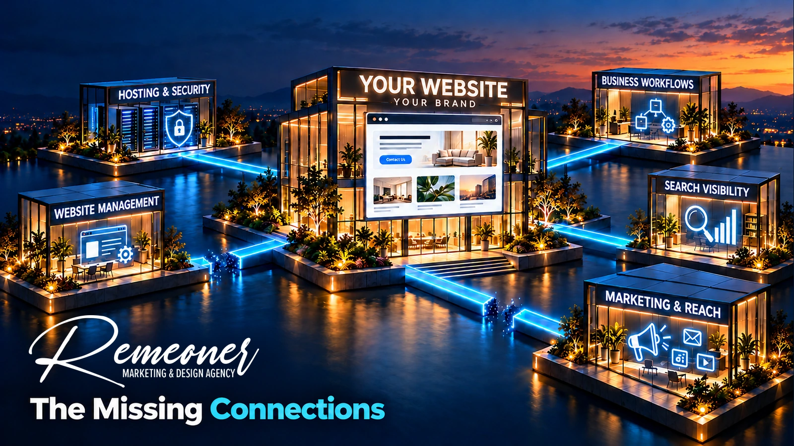 Your website and brand linked to hosting, website management, business workflows, search visibility, and marketing, with gaps in two connections.