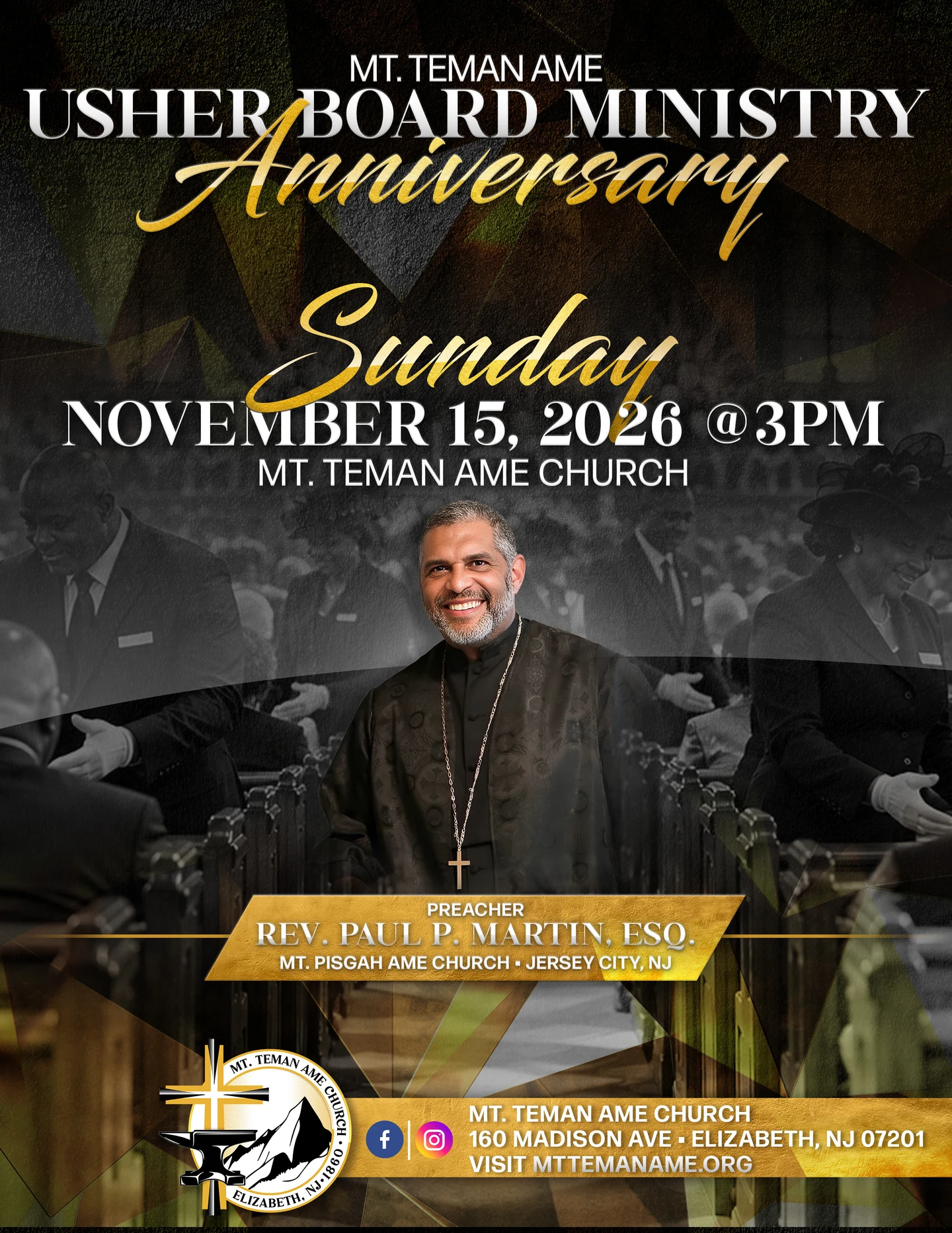 Initial Mt. Teman anniversary design with the church name in white above the ministry title.