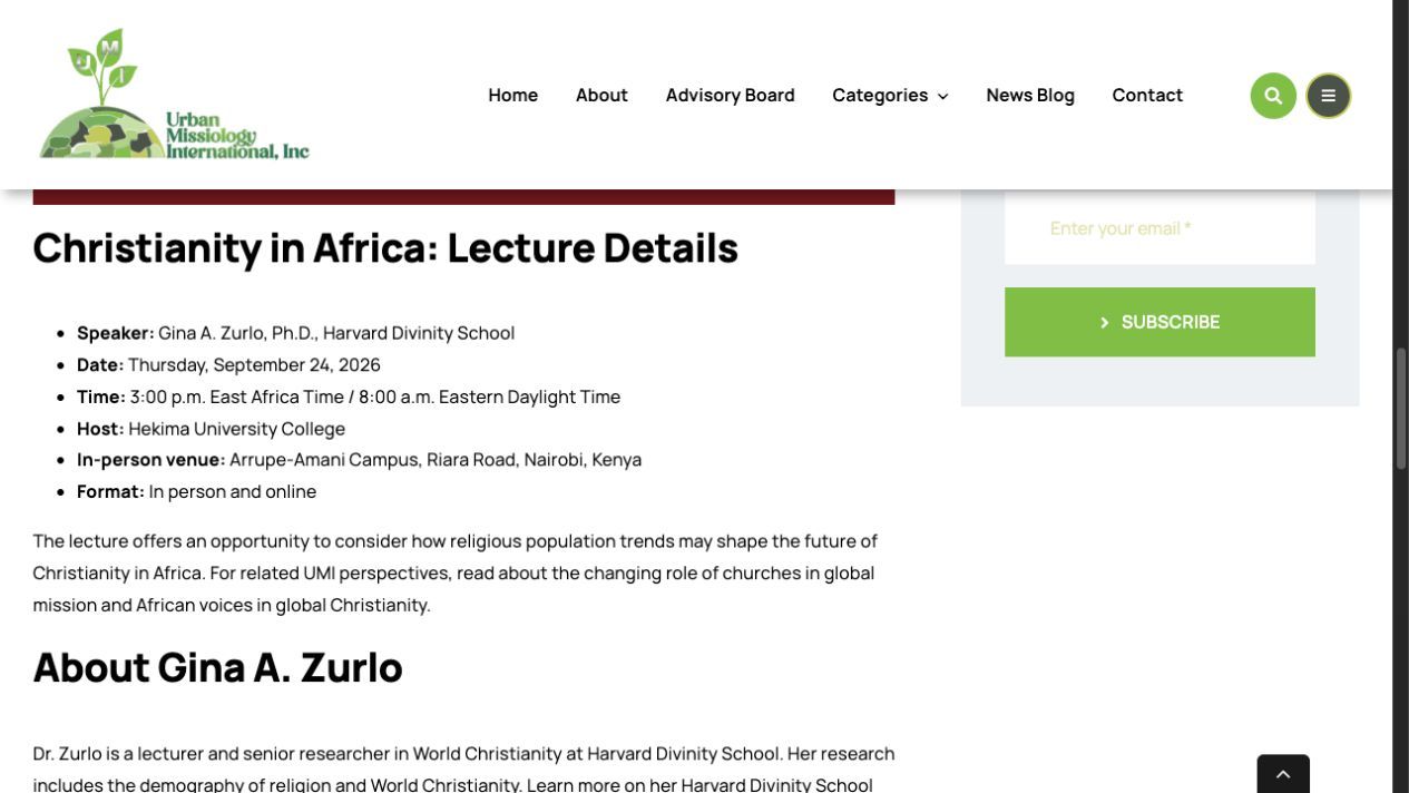 Gina Zurlo lecture page with speaker, date, time, venue, and format