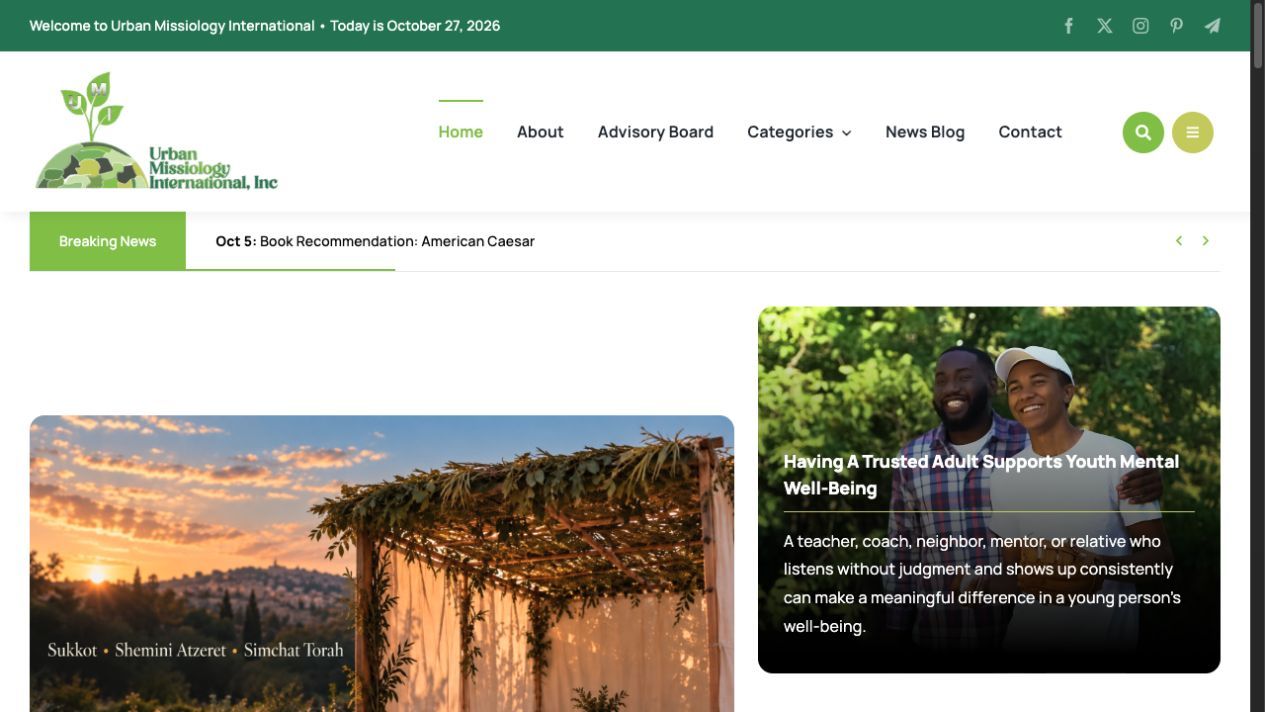 Urban Missiology website homepage with navigation, breaking news, and featured stories